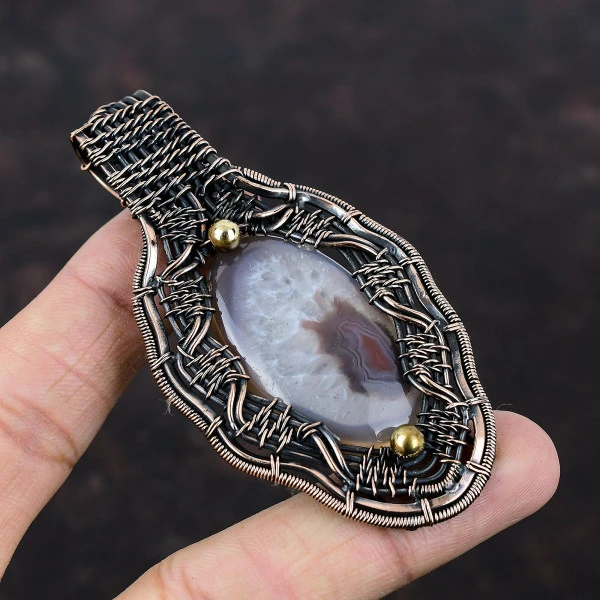 Crazy Lace Agate Oval White Handmade Copper Wire Wrapped Pendant