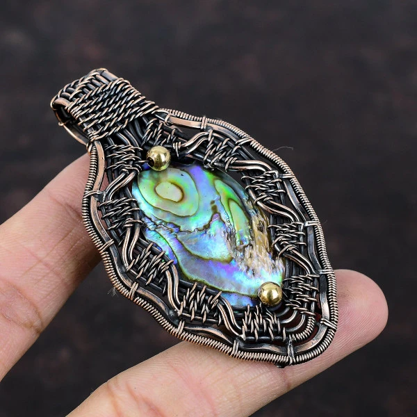 Abalone Shell Oval Green Handmade Copper Wire Wrapped Pendant