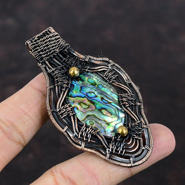 Abalone Shell Oval Green Handmade Copper Wire Wrapped Pendant