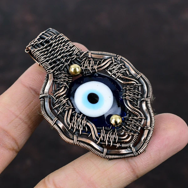 Blue Color Evil Eye Round Blue Handmade Copper Wire Wrapped Pendant