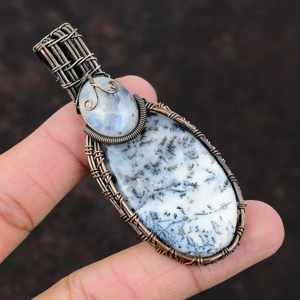 Dendrite Opal Oval White Handmade Copper Wire Wrapped Pendant