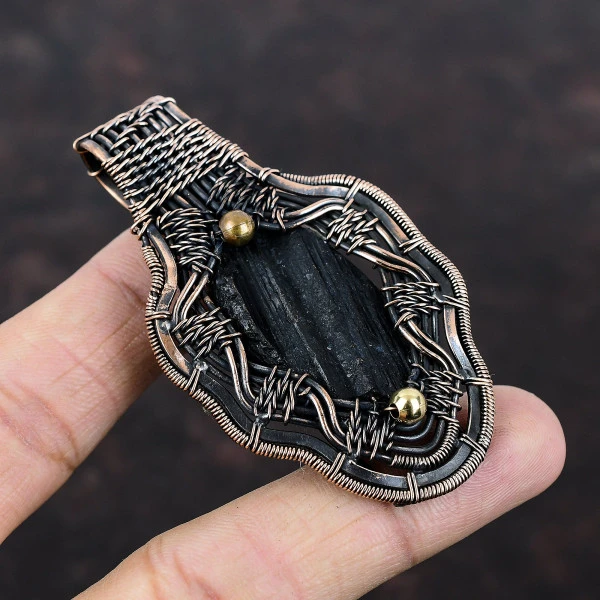 Black Tourmaline Rough Oval Black Handmade Copper Wire Wrapped Pendant