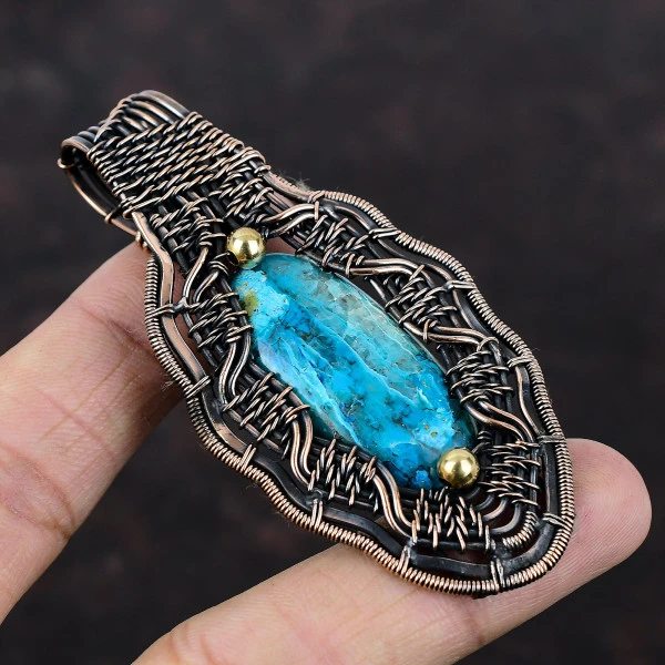Chrysocolla Oval Blue Handmade Copper Wire Wrapped Pendant