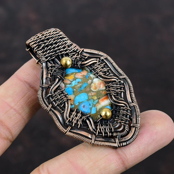 Spiny Oyster Copper Turquoise Oval Blue Handmade Copper Wire Wrapped Pendant