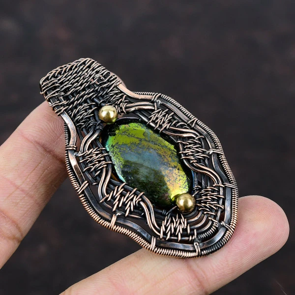 Mystic Fire Labradorite Oval Green Handmade Copper Wire Wrapped Pendant