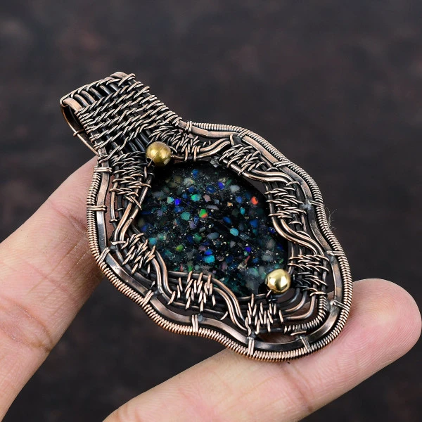 Black Ethiopian Opal Oval Black Handmade Copper Wire Wrapped Pendant