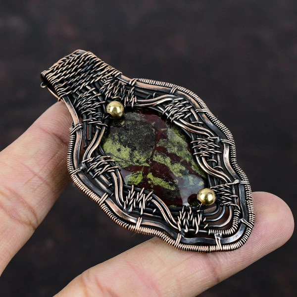 Dragon Bloodstone Oval Green Handmade Copper Wire Wrapped Pendant