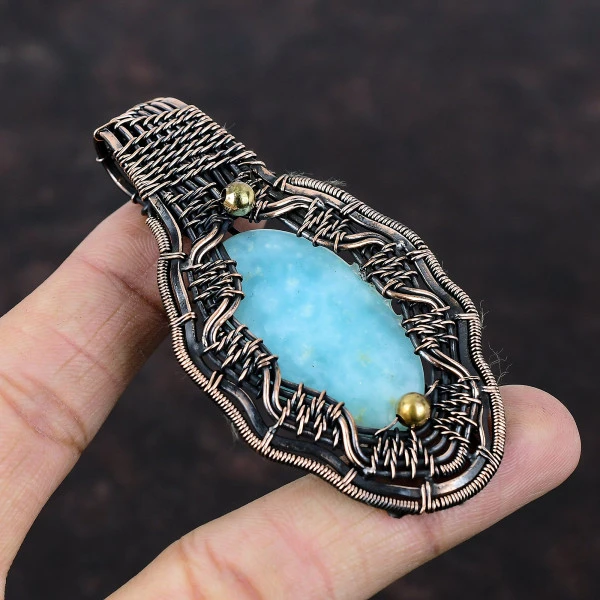 Hemimorphite Oval Blue Handmade Copper Wire Wrapped Pendant