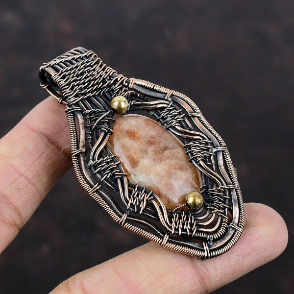 Sunstone Oval Orange Handmade Copper Wire Wrapped Pendant