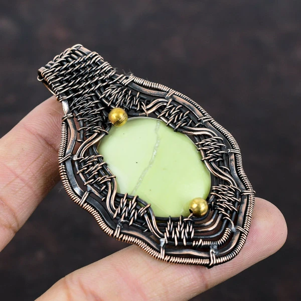 Serpentine Oval Green Handmade Copper Wire Wrapped Pendant