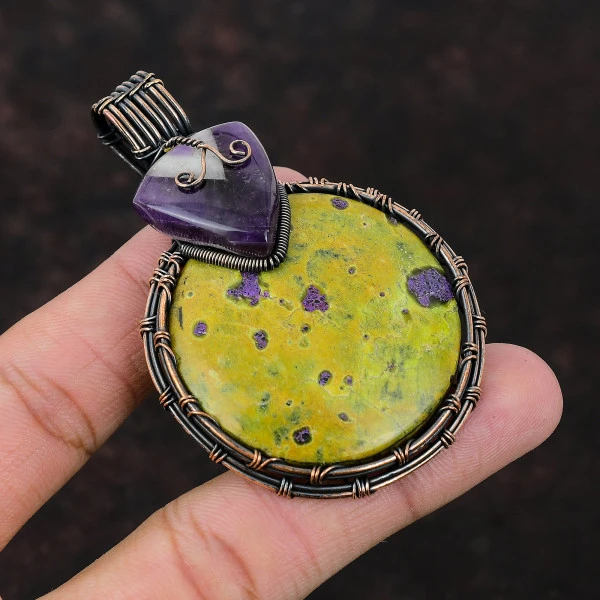 Stichtite Round Green Handmade Copper Wire Wrapped Pendant