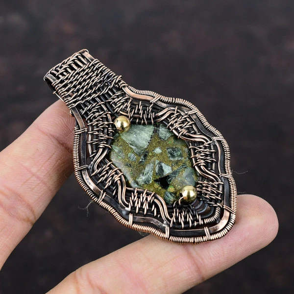 Copper Seraphinite Oval Green Handmade Copper Wire Wrapped Pendant