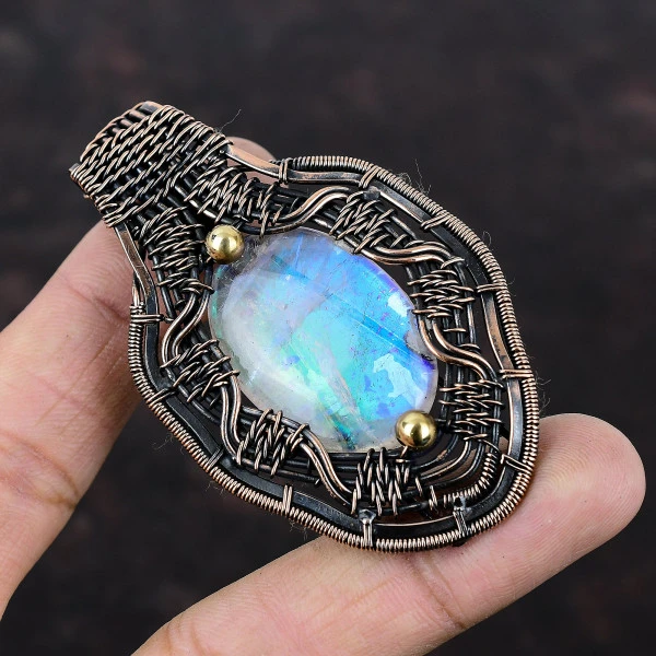 Rainbow Mystic Opal Oval White Handmade Copper Wire Wrapped Pendant