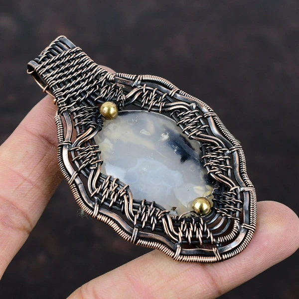 Plume Agate Oval White Handmade Copper Wire Wrapped Pendant