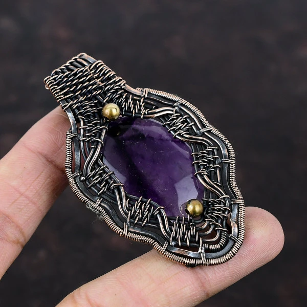 Star Amethyst Oval Purple Handmade Copper Wire Wrapped Pendant