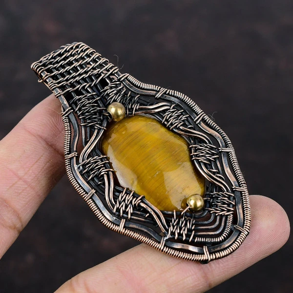 Tiger's Eye Oval Brown Handmade Copper Wire Wrapped Pendant