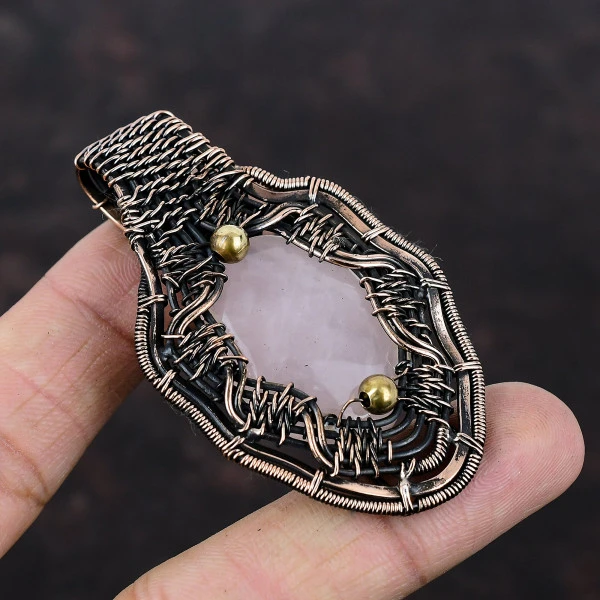 Rose Quartz Oval Pink Handmade Copper Wire Wrapped Pendant