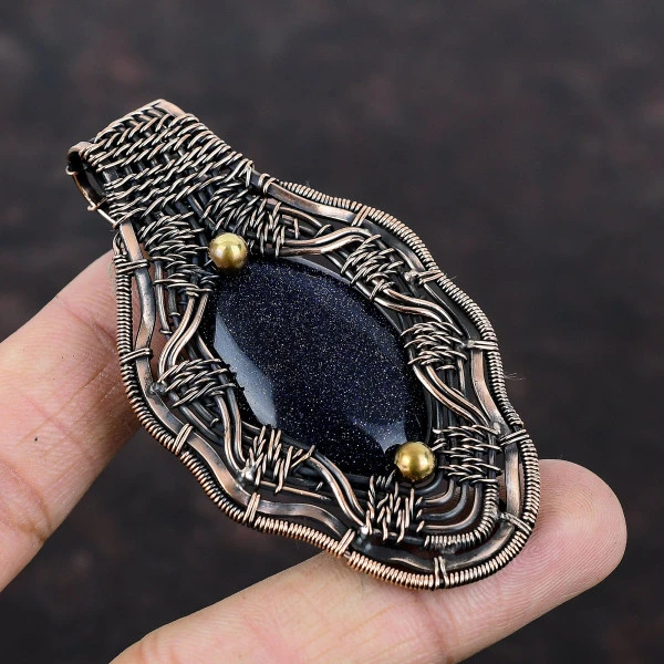 Blue Sunstone Oval Blue Handmade Copper Wire Wrapped Pendant