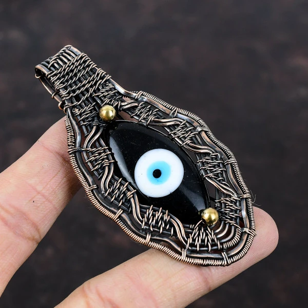 Black Color Evil Eye Marquise Black Handmade Copper Wire Wrapped Pendant