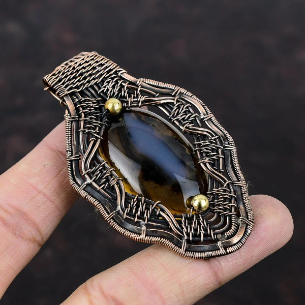 Montana Agate Oval Brown Handmade Copper Wire Wrapped Pendant