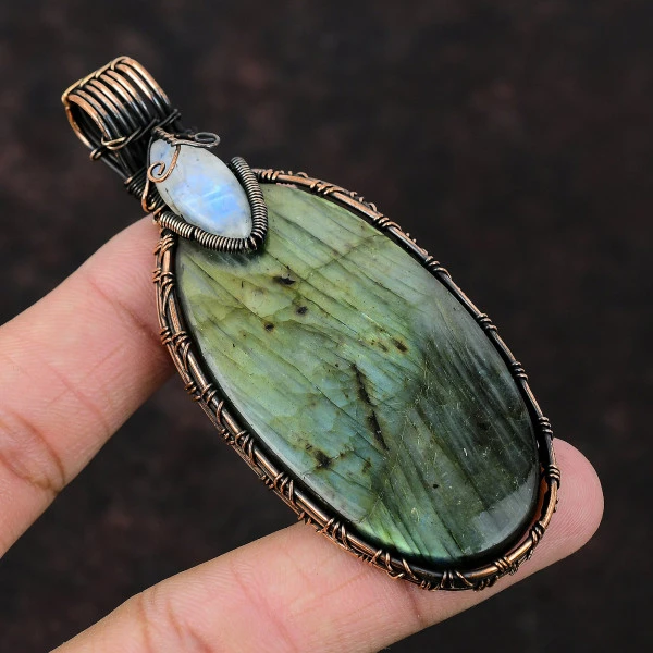 Labradorite Oval Gray Handmade Copper Wire Wrapped Pendant