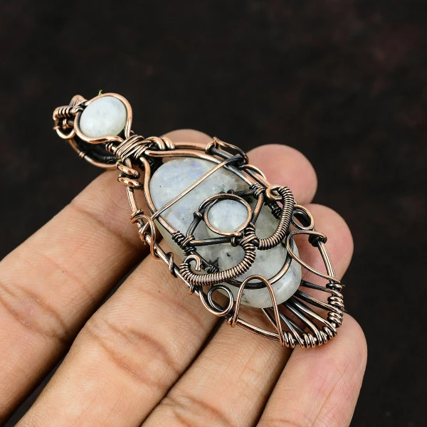 Rainbow Moonstone Oval White Handmade Copper Wire Wrapped Pendant