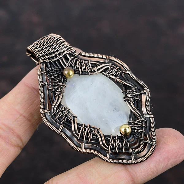 Rainbow Moonstone Oval White Handmade Copper Wire Wrapped Pendant