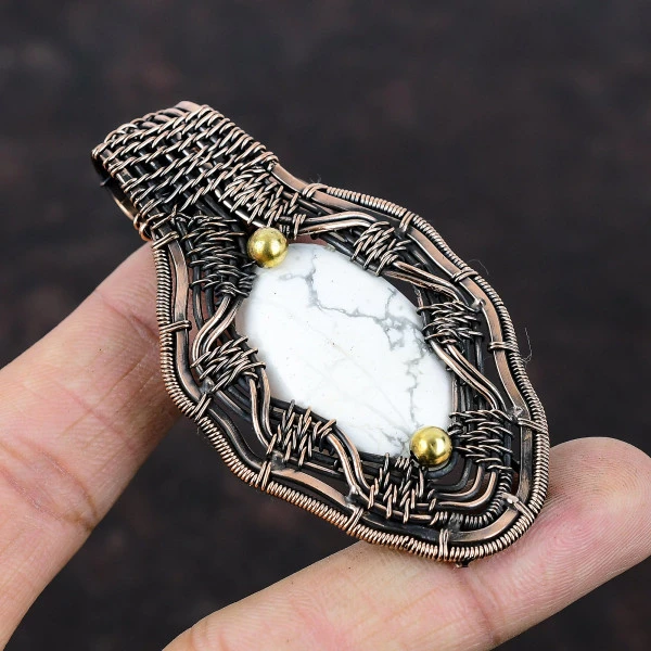 Howlite Oval White Handmade Copper Wire Wrapped Pendant