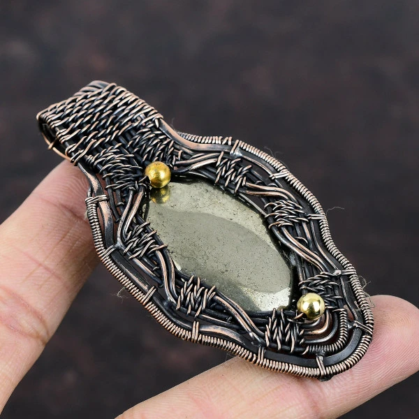 Apache Pyrite Oval Gold Handmade Copper Wire Wrapped Pendant