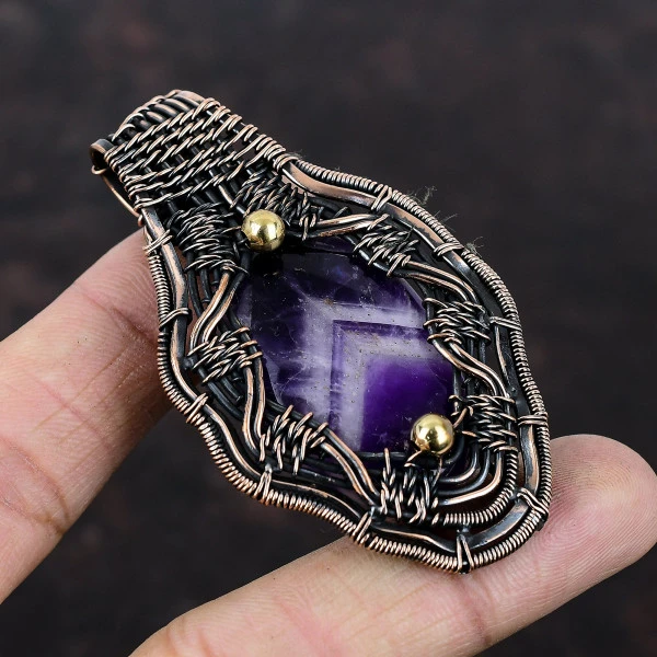 Chevron Amethyst Oval Purple Handmade Copper Wire Wrapped Pendant