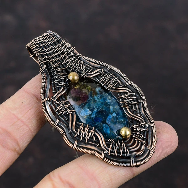 Watermelon Tourmaline Oval Blue Handmade Copper Wire Wrapped Pendant