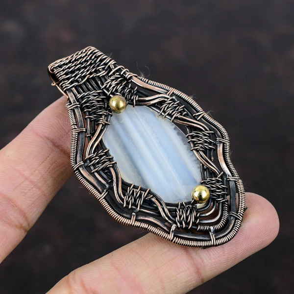 Botswana Agate Oval White Handmade Copper Wire Wrapped Pendant
