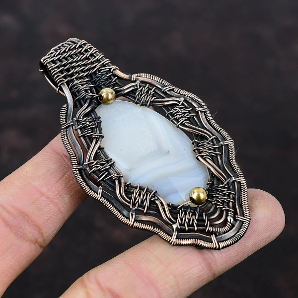 Mexican Laguna Lace Agate Oval White Handmade Copper Wire Wrapped Pendant