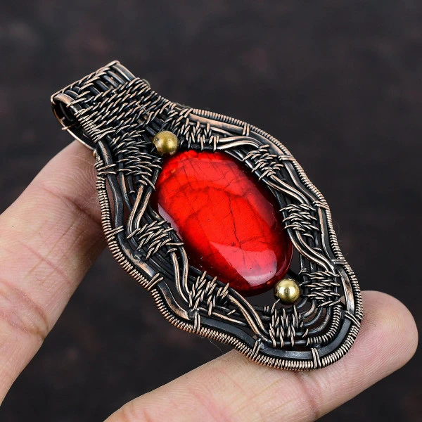 Red Fire Labradorite Oval Red Handmade Copper Wire Wrapped Pendant