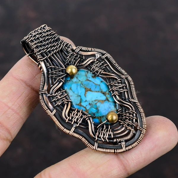 Copper Blue Turquoise Oval Blue Handmade Copper Wire Wrapped Pendant