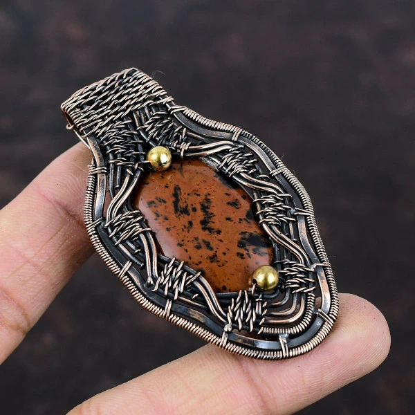 Mahogany Obsidian Oval Brown Handmade Copper Wire Wrapped Pendant