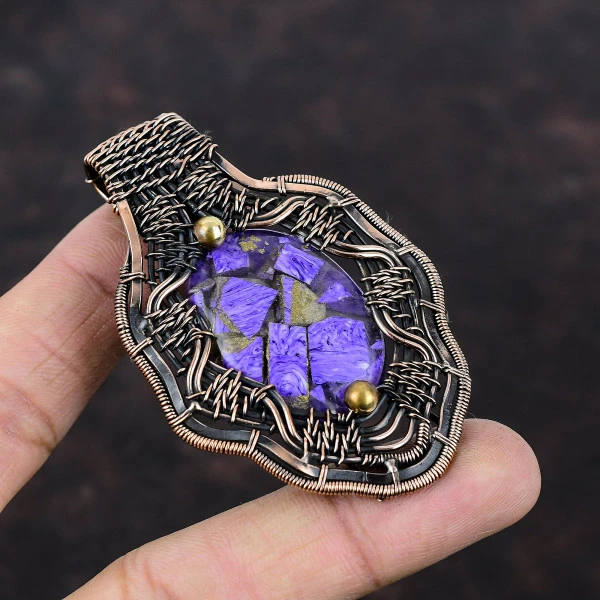 Copper Charoite Oval Purple Handmade Copper Wire Wrapped Pendant