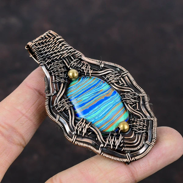 Rainbow Calsilica Oval Blue Handmade Copper Wire Wrapped Pendant