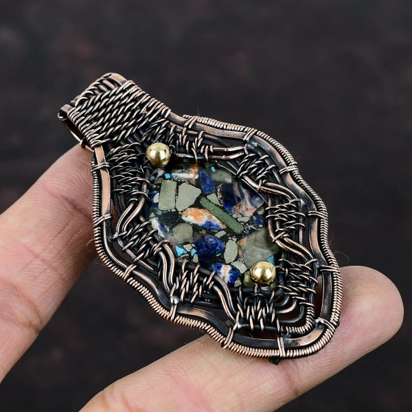Copper Multi Turquoise Oval Blue Handmade Copper Wire Wrapped Pendant