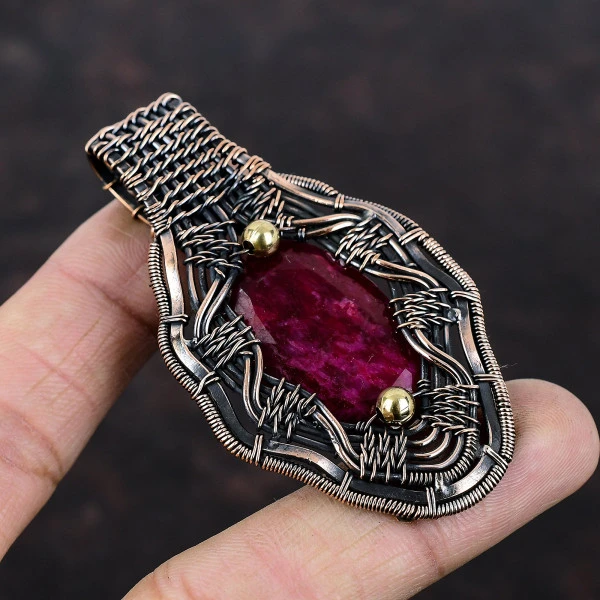 Kashmir Ruby Oval Red Handmade Copper Wire Wrapped Pendant