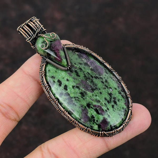 Ruby Zoisite Oval Green Handmade Copper Wire Wrapped Pendant