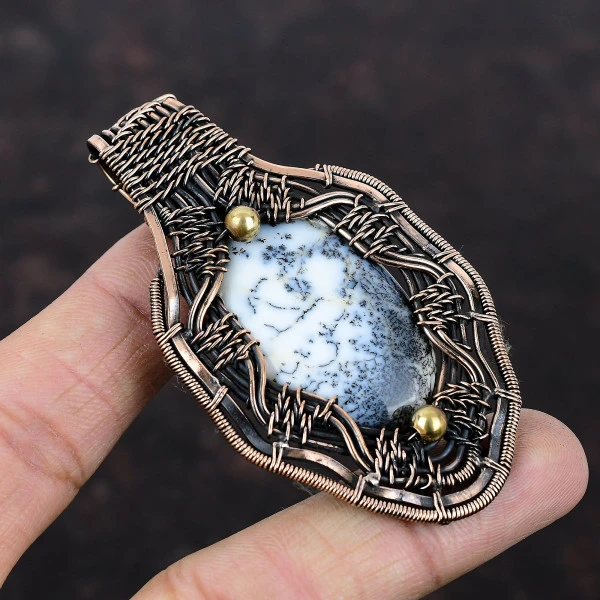 Dendrite Opal Oval White Handmade Copper Wire Wrapped Pendant