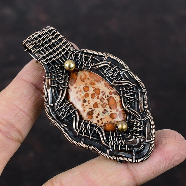 Asteroid Jasper Oval Red Handmade Copper Wire Wrapped Pendant