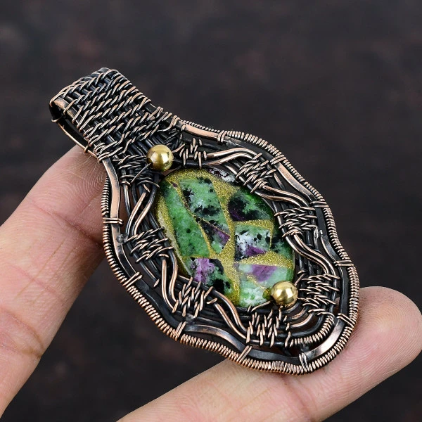Copper Ruby Zoisite Oval Green Handmade Copper Wire Wrapped Pendant