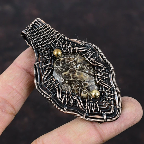 Turritella Agate Oval Brown Handmade Copper Wire Wrapped Pendant
