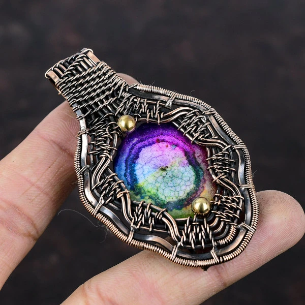 Rainbow Solar Quartz Druzy Round Pink Handmade Copper Wire Wrapped Pendant