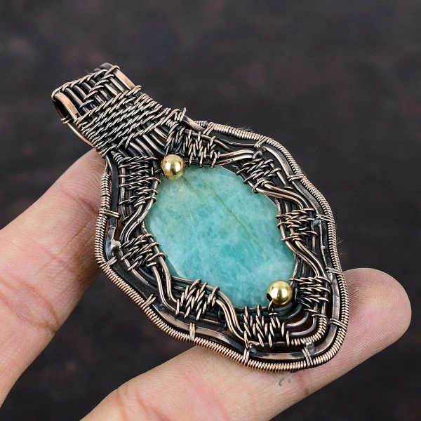 Amazonite Oval Green Handmade Copper Wire Wrapped Pendant