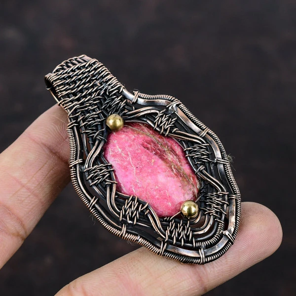 Thulite Oval Pink Handmade Copper Wire Wrapped Pendant