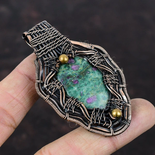 Ruby Fuchsite Oval Green Handmade Copper Wire Wrapped Pendant
