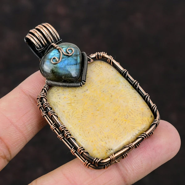 Fossil Coral Radiant Yellow Handmade Copper Wire Wrapped Pendant